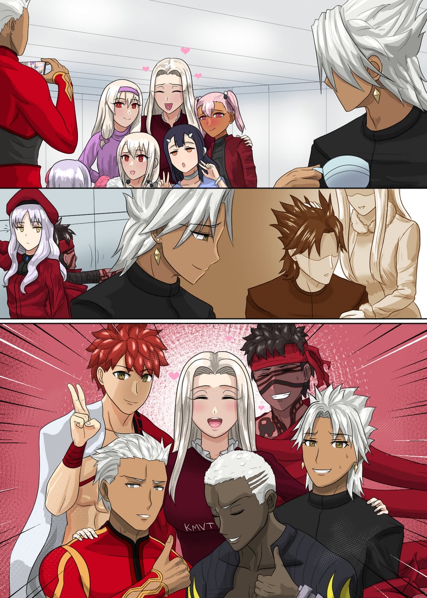 illyasviel von einzbern, emiya shirou, archer, chloe von einzbern, kama, and 8 more (fate and 3 more) drawn by kmvt