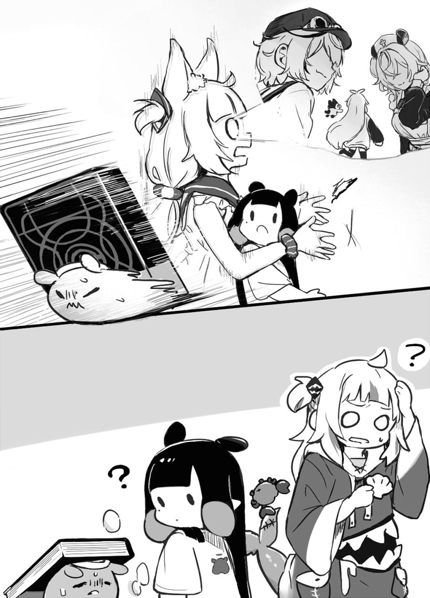 gawr gura, ninomae ina'nis, takodachi, sameko saba, nimi nightmare, and 4 more (hololive and 2 more) drawn by yuuyu_(777)