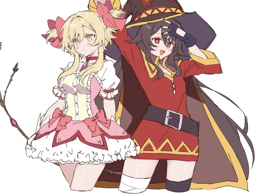 kaname madoka, lumine, hu tao, megumin, yuuki aoi, and 1 more (genshin impact and 2 more) drawn by pi_pururu