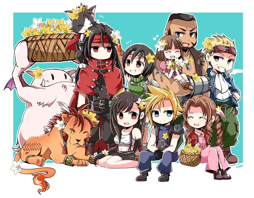 tifa lockhart, cloud strife, aerith gainsborough, yuffie kisaragi, moogle, and 6 more (final fantasy and 1 more) drawn by nanao_(zonzonsh)