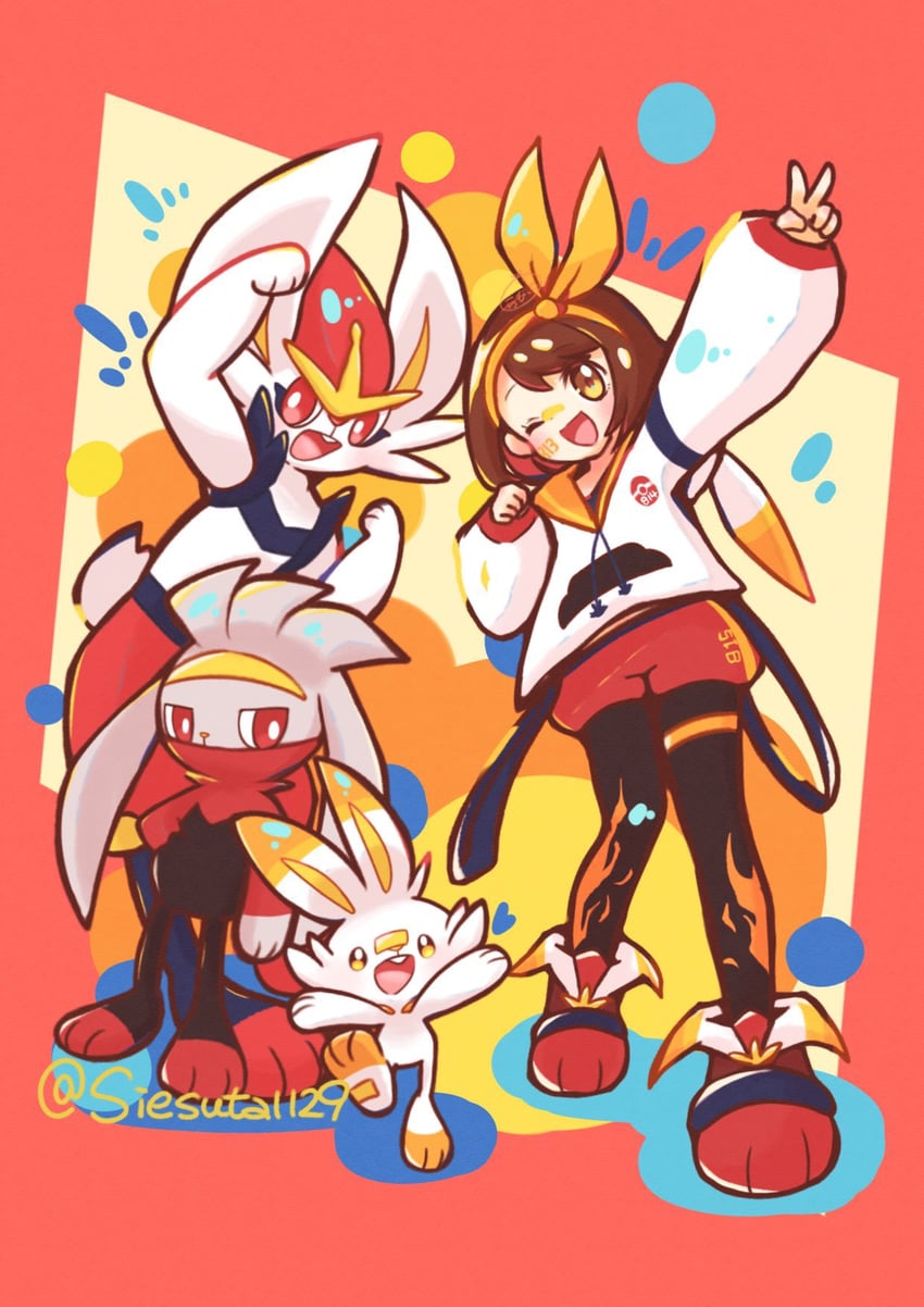 gloria, scorbunny, cinderace, and raboot (pokemon and 1 more) drawn by gokuaku_rabbit