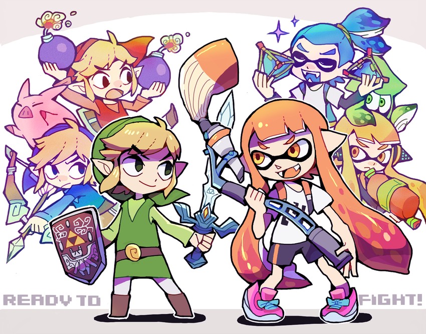 link, inkling player character, inkling girl, inkling boy, and toon link (the legend of zelda and 4 more) drawn by teijiro