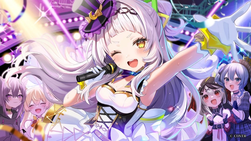 hoshimachi suisei, nekomata okayu, murasaki shion, and momosuzu nene (hololive) drawn by satoupote