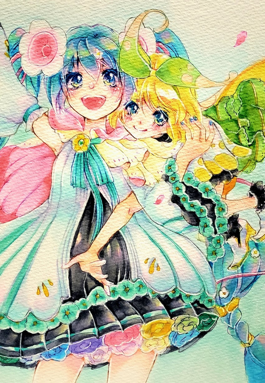 hatsune miku, kagamine rin, magical mirai miku, and magical mirai rin (vocaloid and 1 more) drawn by mimi_mine