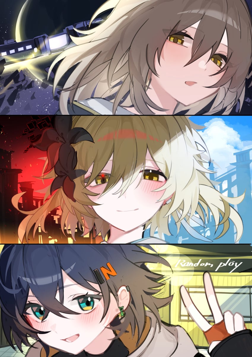 lumine, trailblazer, stelle, and belle (genshin impact and 4 more) drawn by magnet_8_8