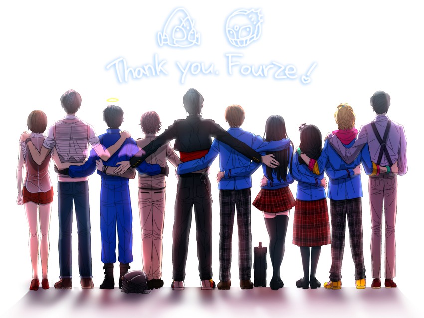 kamen rider fourze, nozama tomoko, sakuta ryuusei, joujima yuuki, kisaragi gentarou, and 8 more (kamen rider and 1 more) drawn by kud_(k78)