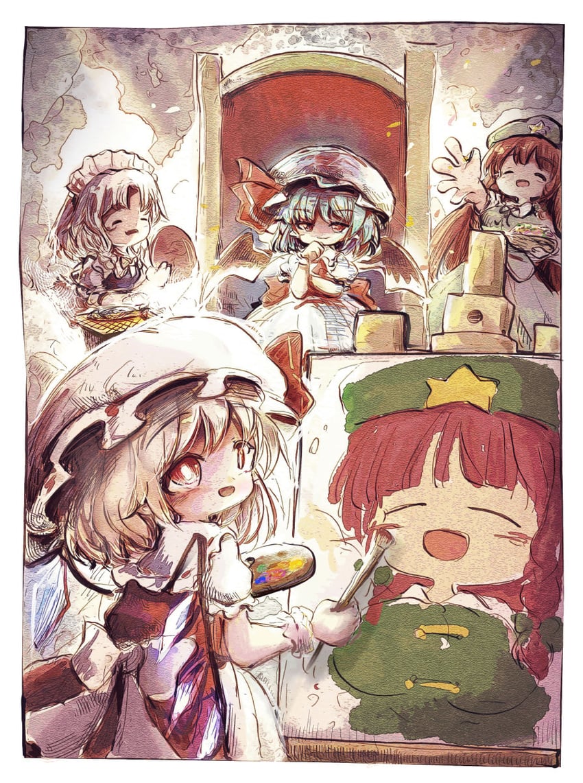 remilia scarlet, flandre scarlet, izayoi sakuya, and hong meiling (touhou) drawn by kouba