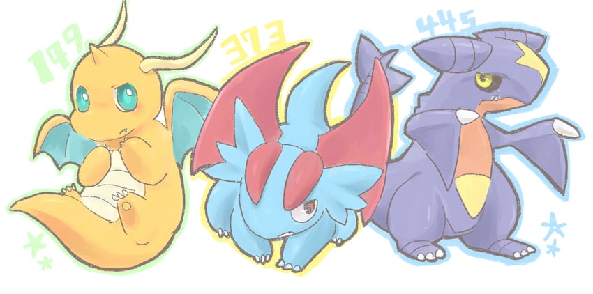 garchomp, dragonite, and salamence (pokemon) drawn by fumika_(chako_sirokuma)