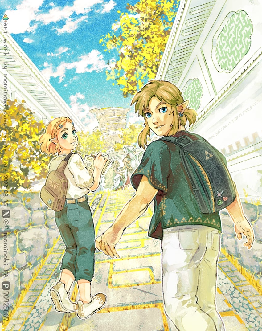 link, princess zelda, sonia, and rauru (the legend of zelda and 1 more) drawn by fuyumaru_mominoki