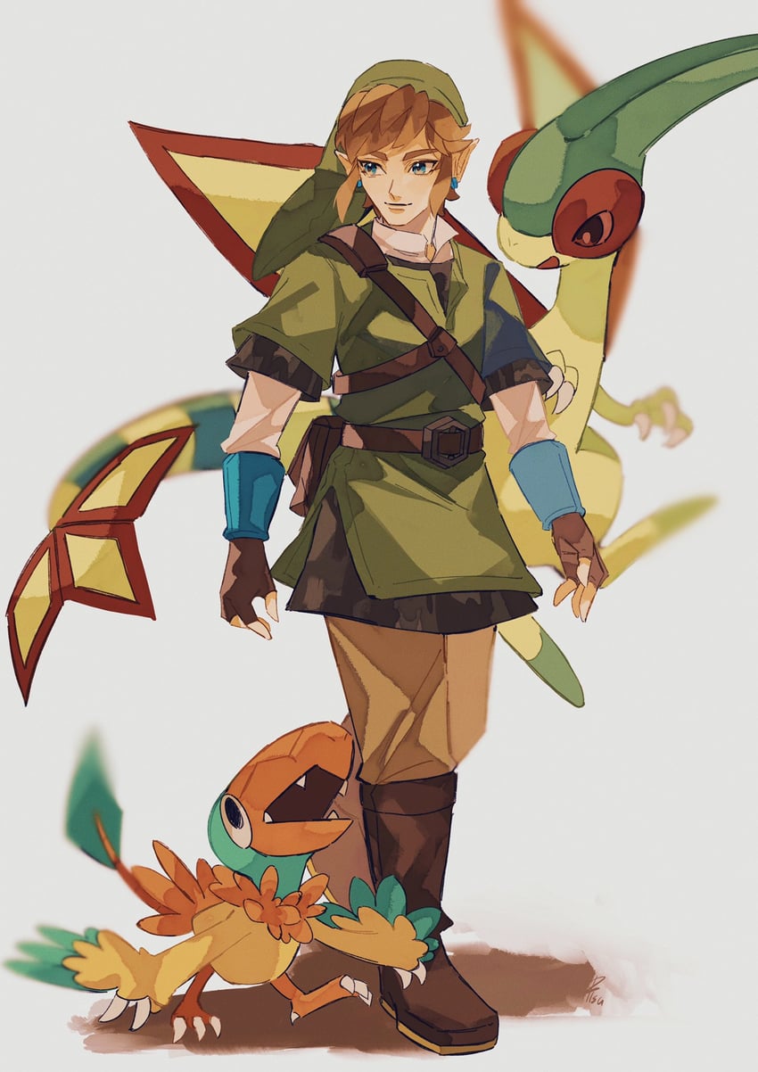link, flygon, and archen (pokemon and 2 more) drawn by pisu_1107