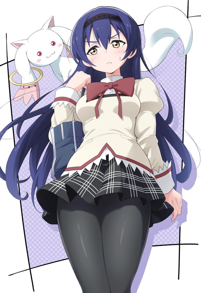 akemi homura, kyubey, and sonoda umi (love live! and 2 more) drawn by kirisaki_reina