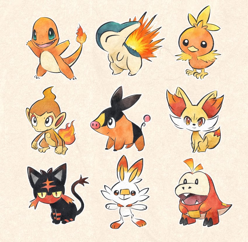 scorbunny, charmander, cyndaquil, tepig, torchic, and 4 more (pokemon) drawn by metikyun