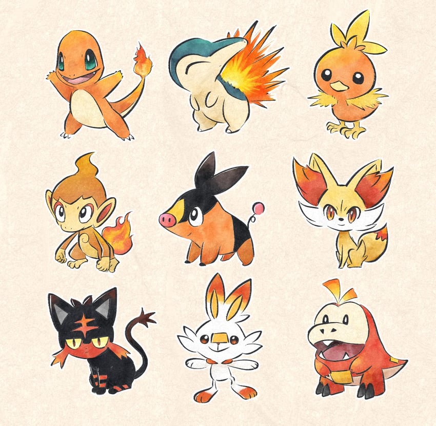 scorbunny, cyndaquil, charmander, torchic, tepig, and 4 more (pokemon) drawn by metikyun