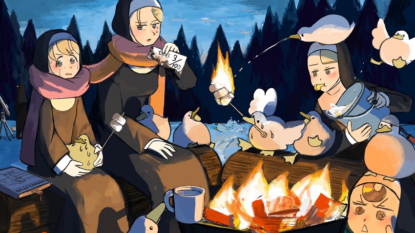 clumsy nun, froggy nun, spicy nun, strict nun, and star nun (little nuns) drawn by diva_(hyxpk)