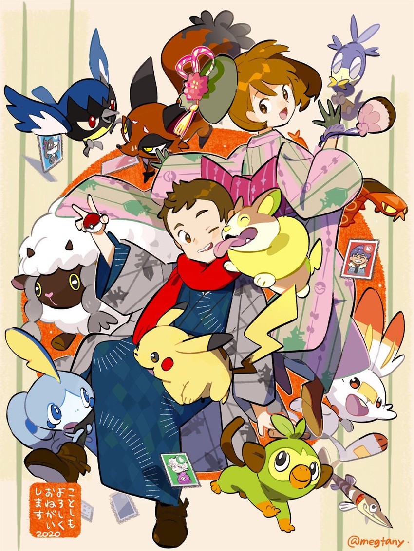 pikachu, marnie, gloria, scorbunny, sobble, and 11 more (pokemon and 1 more) drawn by mizutani_megumi