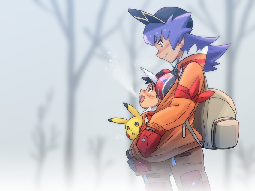 pikachu, ash ketchum, and leon (pokemon and 1 more) drawn by dododo_dadada