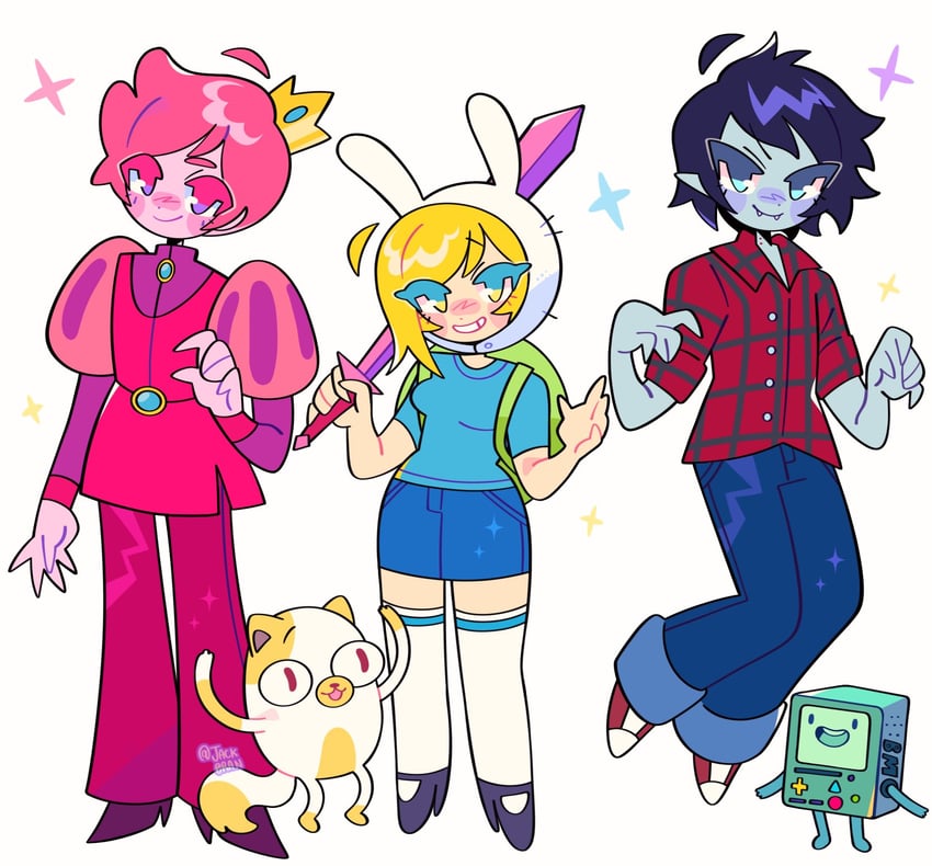 fionna campbell, bmo, marshall lee, cake, and prince bubba gumball (adventure time) drawn by jack0ran