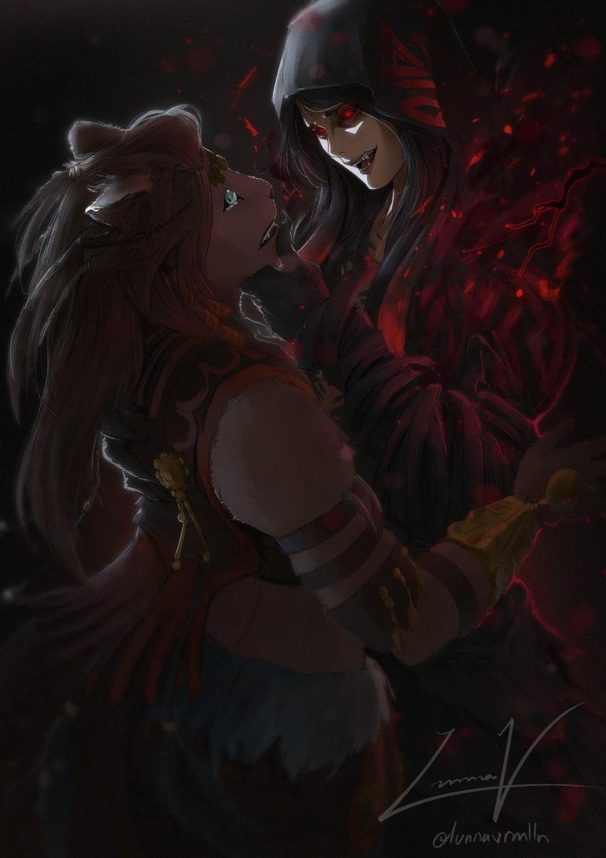 warrior of light, reaper, and wuk lamat (final fantasy and 1 more) drawn by lunnavrmlln
