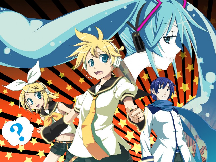 hatsune miku, kagamine rin, kagamine len, and kaito (vocaloid) drawn by kabayaki_unagi