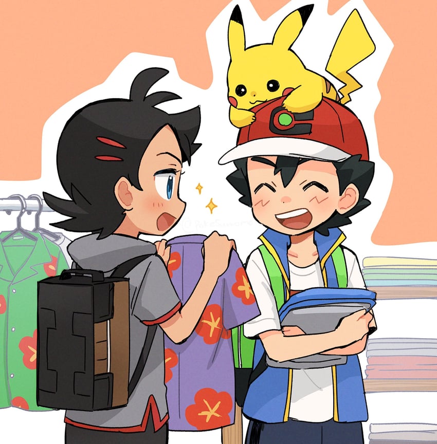 pikachu, ash ketchum, and goh (pokemon and 1 more) drawn by pokesumomo