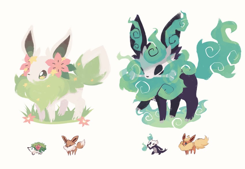 eevee, flareon, shaymin, and alolan marowak (pokemon) drawn by charamells