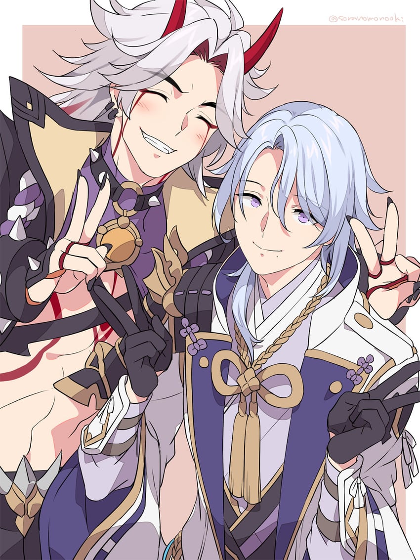 kamisato ayato and arataki itto (genshin impact) drawn by soranomonooki