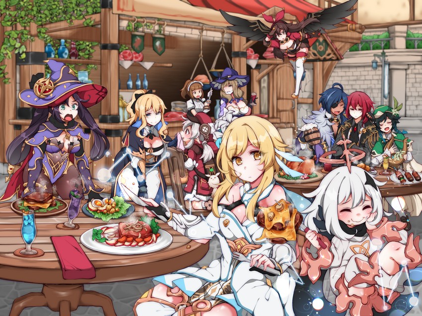 lumine, mona, venti, paimon, klee, and 7 more (genshin impact) drawn by jenigata