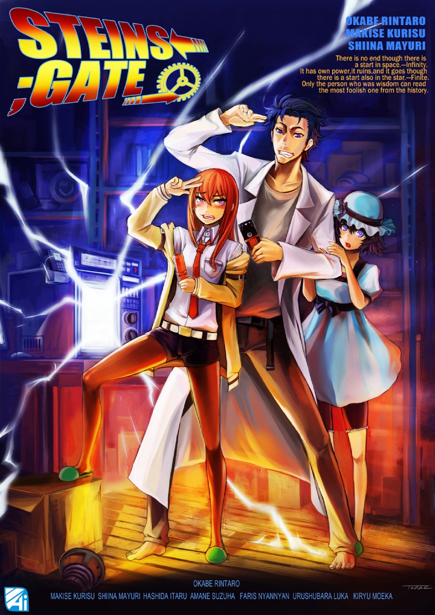 makise kurisu, okabe rintarou, and shiina mayuri (steins;gate and 2 more) drawn by todee