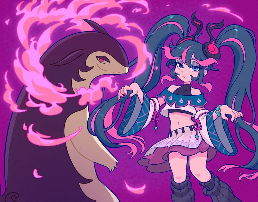 hatsune miku and hisuian typhlosion (pokemon and 2 more) drawn by doodlelotl