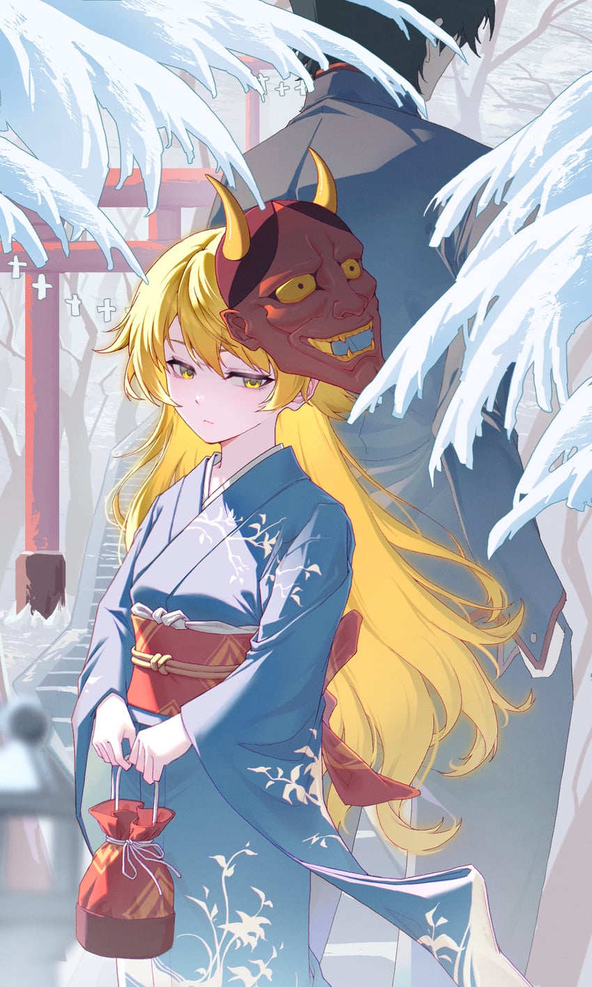 oshino shinobu and araragi koyomi (monogatari and 1 more) drawn by enoharatoki