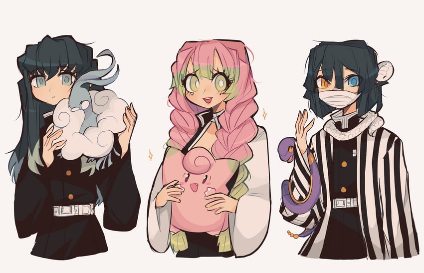 kanroji mitsuri, altaria, clefairy, tokitou muichirou, iguro obanai, and 2 more (pokemon and 1 more) drawn by charamells