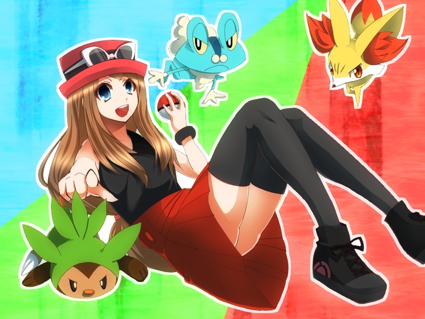 serena, fennekin, chespin, and froakie (pokemon and 1 more) drawn by hebimura