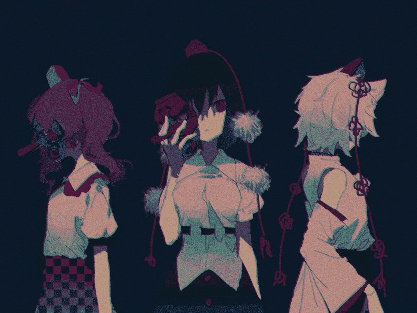 shameimaru aya, inubashiri momiji, and himekaidou hatate (touhou) drawn by busujima_(kusahana)