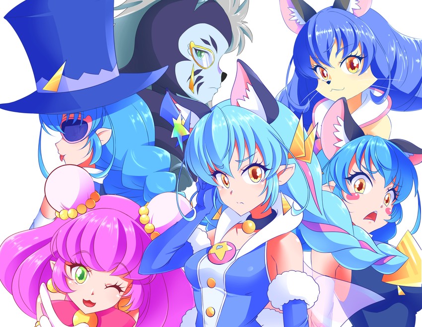 yuni, cure cosmo, blue cat, mao, and bakenyan (precure and 1 more) drawn by shiruppo