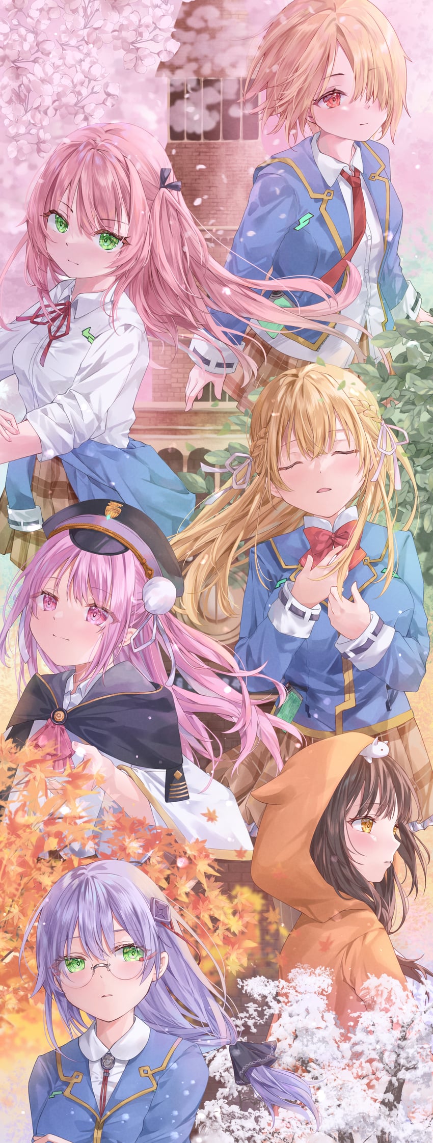 kayamori ruka, izumi yuki, asakura karen, toujou tsukasa, aikawa megumi, and 1 more (heaven burns red) drawn by tsumugi-t