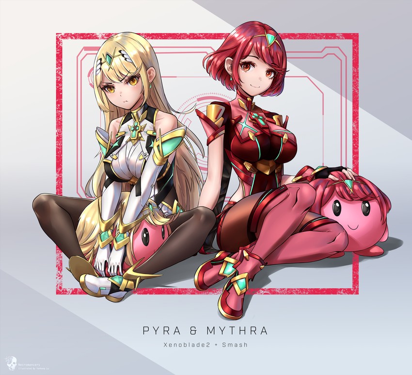 pyra, kirby, and mythra (xenoblade chronicles and 3 more) drawn by lu_(pixiv20967832)
