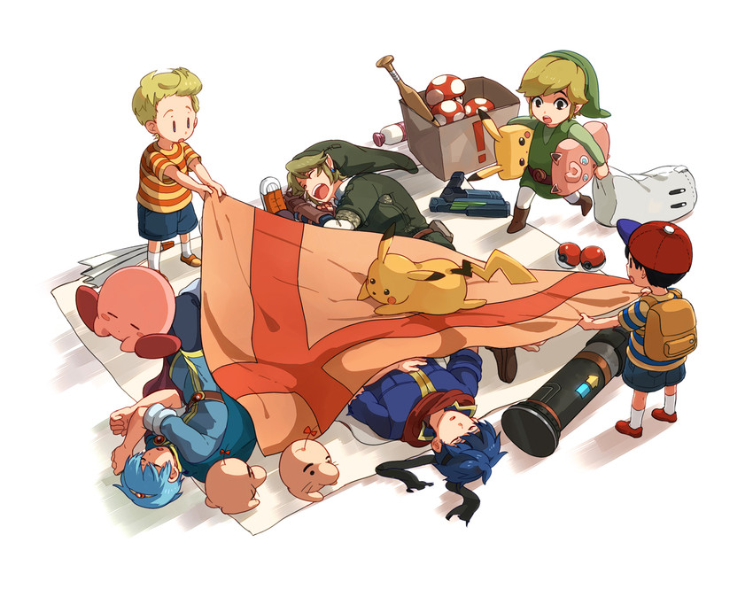 link, pikachu, kirby, ike, toon link, and 5 more (pokemon and 13 more) drawn by nikayu