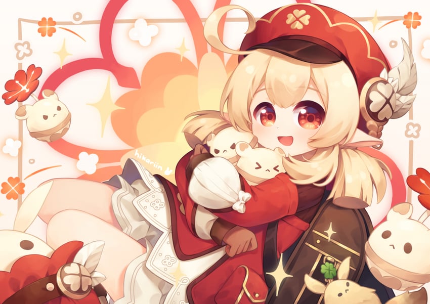 klee, dodoco, and jumpy dumpty (genshin impact) drawn by hikariin25