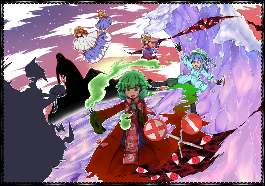 alice margatroid, yakumo yukari, rumia, kawashiro nitori, kagiyama hina, and 1 more (touhou) drawn by fonde_ringo
