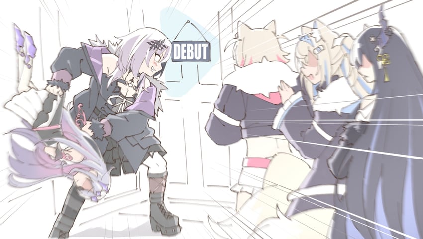 shiori novella, nerissa ravencroft, fuwawa abyssgard, mococo abyssgard, and koseki bijou (hololive and 1 more) drawn by kukie-nyan