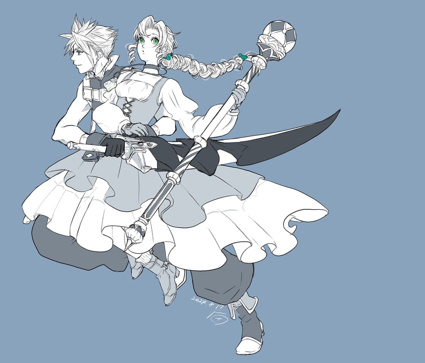 cloud strife, aerith gainsborough, zidane tribal, and garnet til alexandros xvii (final fantasy and 3 more) drawn by kashiyae