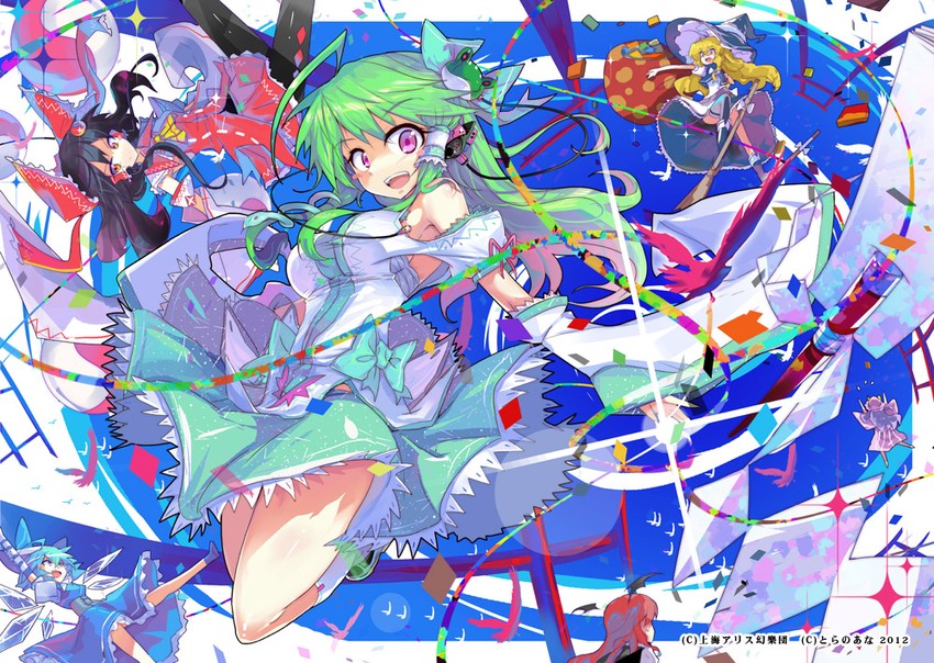hakurei reimu, kirisame marisa, kochiya sanae, cirno, patchouli knowledge, and 1 more (touhou) drawn by yui_(niikyouzou)