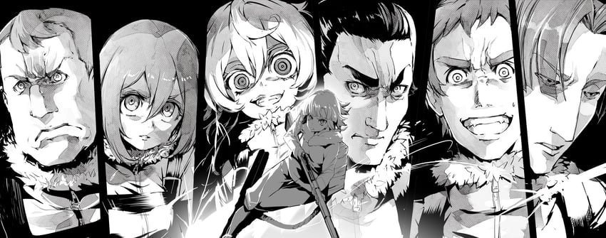 tanya degurechaff, viktoriya ivanovna serebryakov, mary sue, matheus johann weiss, warren grantz, and 2 more (youjo senki) drawn by neichiru