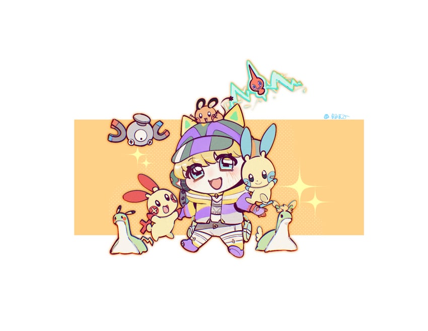 rotom, wattson, magnemite, raichu, minun, and 3 more (pokemon and 1 more) drawn by shengdiyu