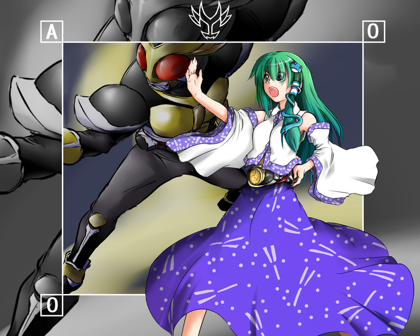kochiya sanae and kamen rider agito (touhou and 2 more) drawn by kazami_shirou_(kaizou-zumi)