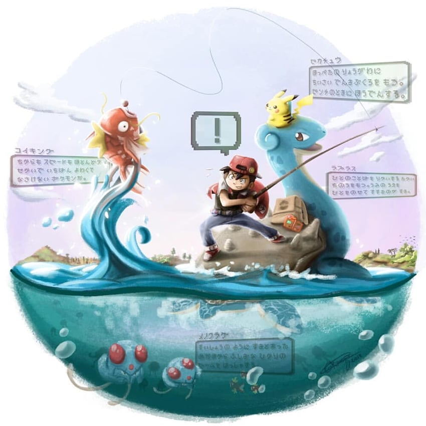 pikachu, red, lapras, magikarp, and tentacool (pokemon and 1 more) drawn by giulliano_kenzo