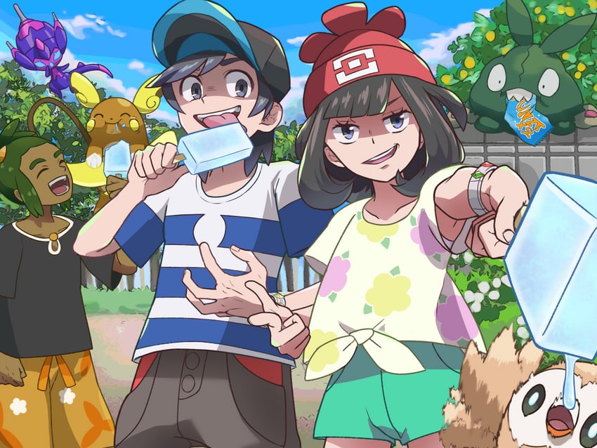 selene, rowlet, elio, hau, alolan raichu, and 2 more (pokemon and 1 more) drawn by jelicle_yasuda