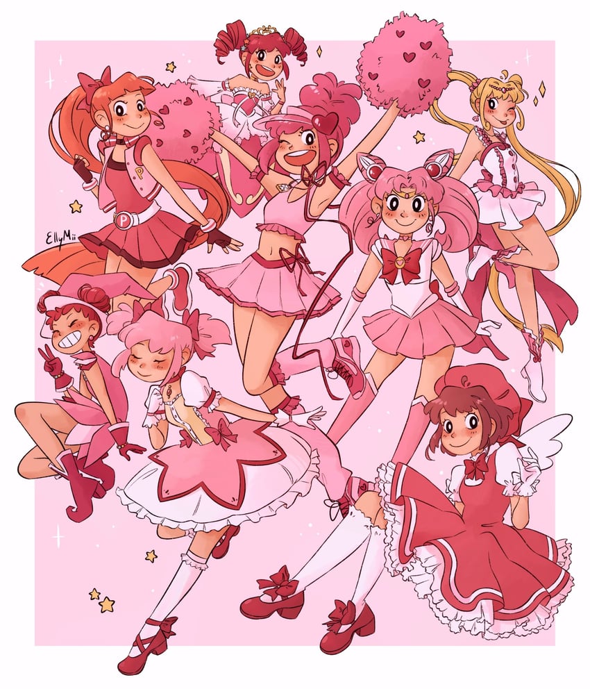 kaname madoka, kinomoto sakura, chibi usa, hinamori amu, sailor chibi moon, and 6 more (mahou shoujo madoka magica and 9 more) drawn by elly_mii