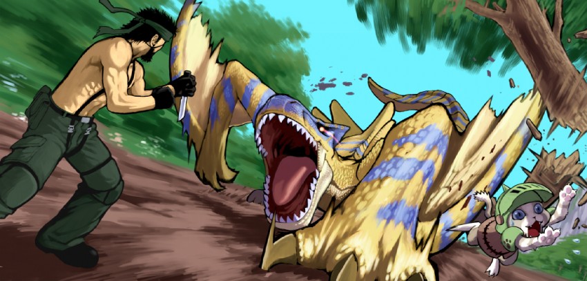 player palico, naked snake, and tigrex (monster hunter and 2 more) drawn by 5tatsu