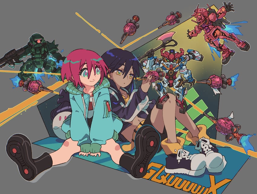 amate yuzuriha, haro, nyaan, zaku ii, gquuuuuux, and 1 more (gundam and 1 more) drawn by kitano_yuusuke